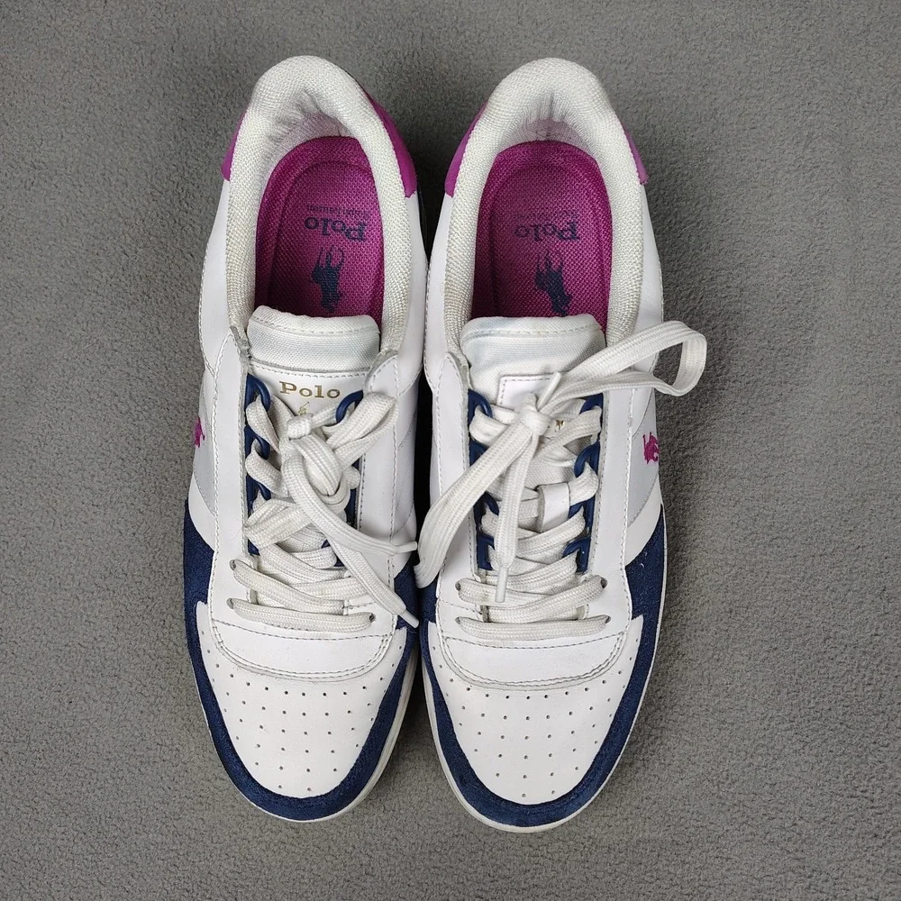 Polo Ralph Lauren Court Low Sneaker Men 10.5 White Navy Leather Pony UK 9.5